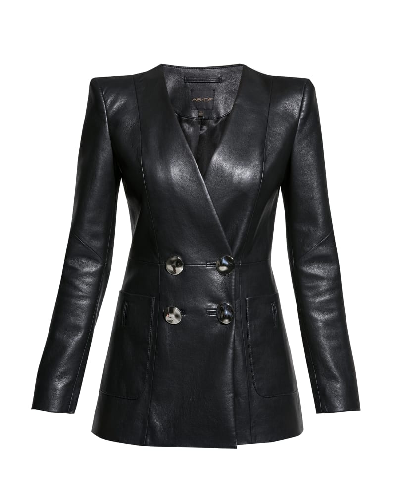 Front of a size 3XL Claude Recycled Leather Blazer in Black by AS by DF. | dia_product_style_image_id:327695